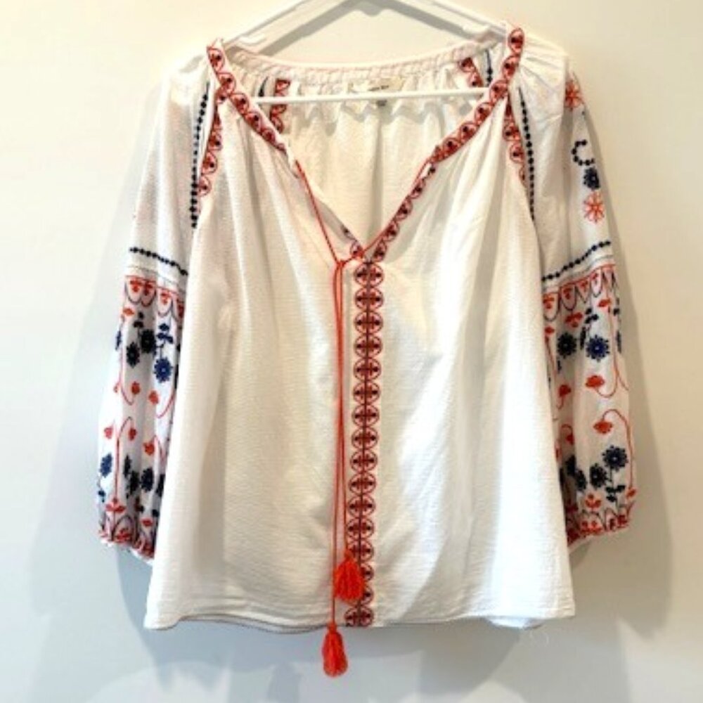 Sophie Max All Cotton White V-Neck Embroidered Top with Tassels